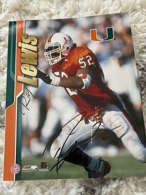 Ray Lewis Signed Miami Hurricanes Football Poster - Orange & White